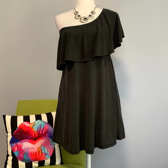 bp Dresses & Skirts - BP Black One Shoulder Ruffle Mini Swing Dress XXS